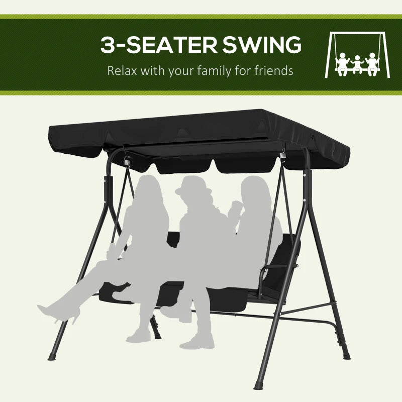 Black 3-Seater Canopy Swing Chair Rocking Bench for Garden Patio