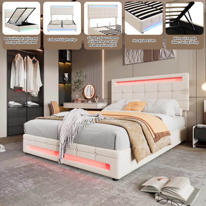 Elegant Velvet Upholstered Double Bed with Storage & LED Lights - Iron Frame, 199x150x123 cm, Beige - Modern Bedroom Furniture