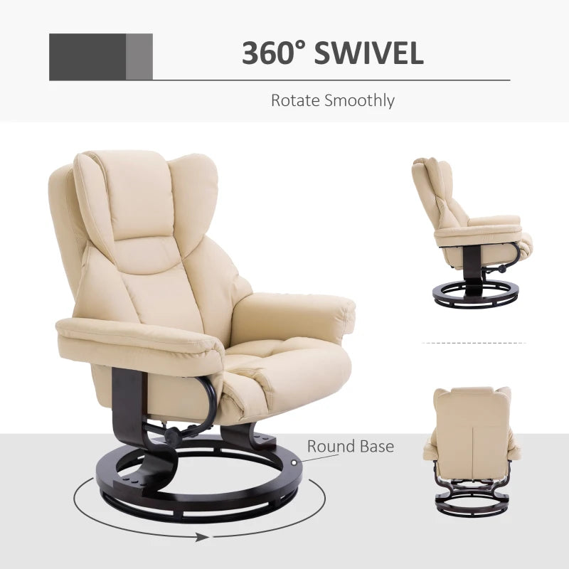 Cream Faux Leather Recliner Chair with Footstool, Swivel Armchair with Adjustable Backrest and Solid Wood Base for Living Room