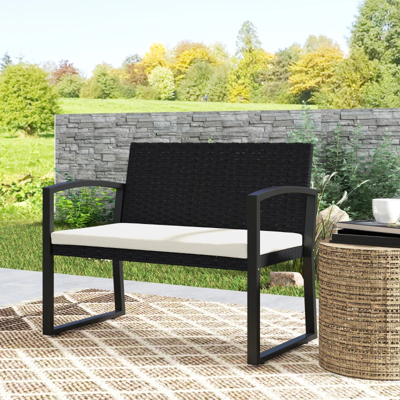 Two-Seater Rattan Garden Bench - Beige and Black - Outdoor Patio Furniture