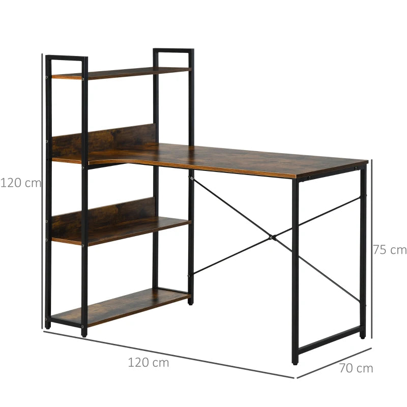 Rustic Brown 120CM Office Desk with Storage Shelves - Industrial Computer Table for Small Home Office Spaces