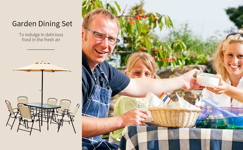 8 Piece Metal Dining Set With Beige Parasol