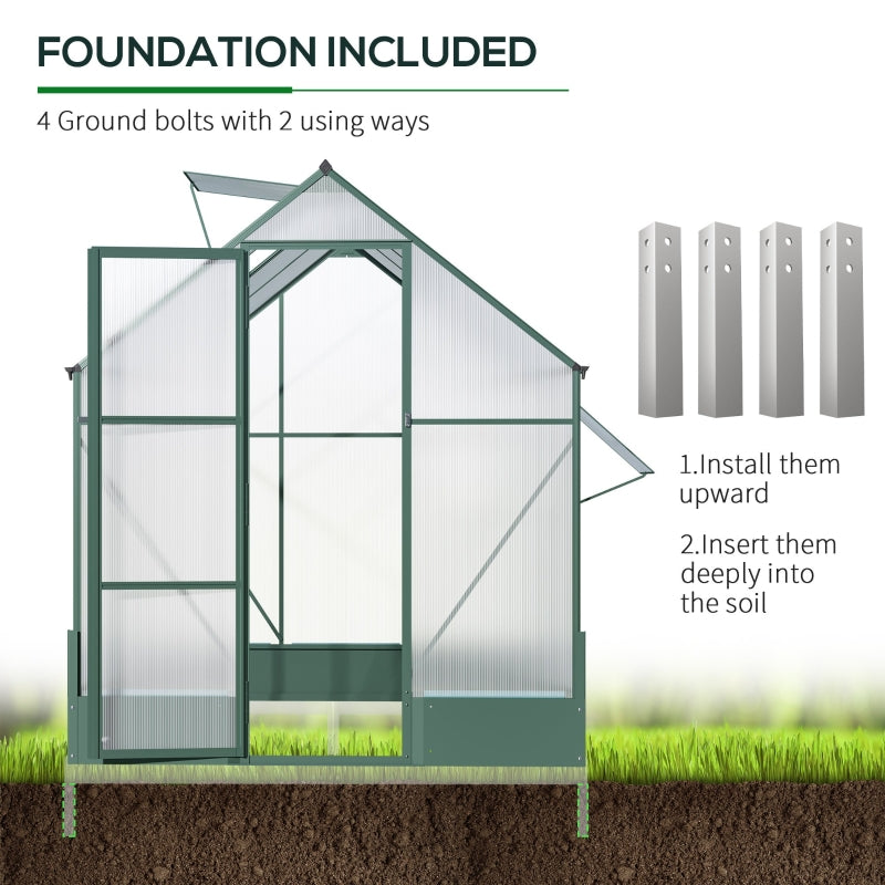 Green 6ft x 8ft Polycarbonate Greenhouse With Aluminium Frame and Temperature Controlled Window and Foundation
