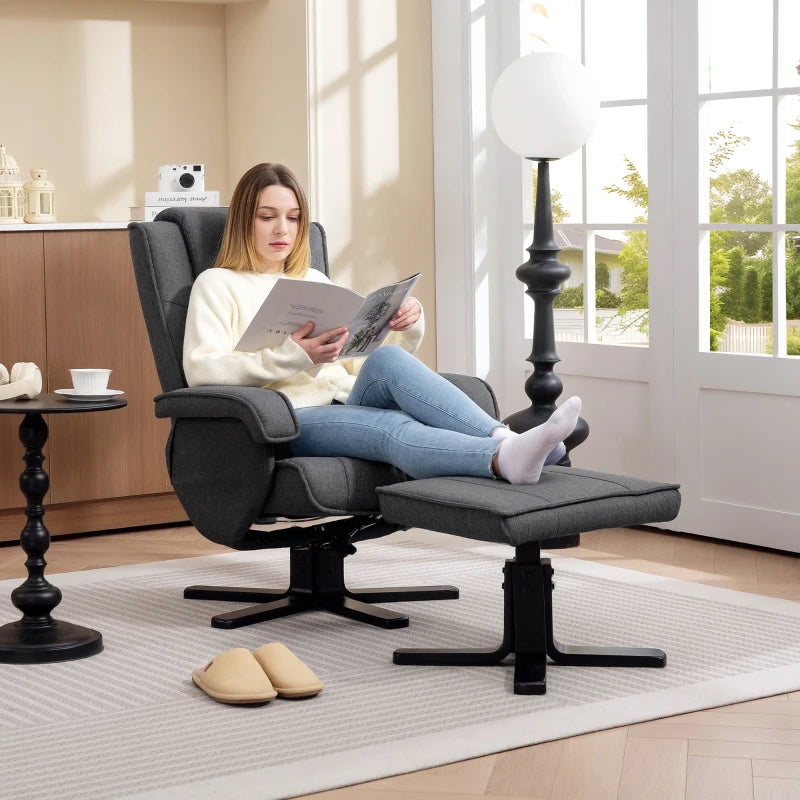 Charcoal Grey Linen Rocker Swivel Recliner Chair with Footstool for Ultimate Comfort