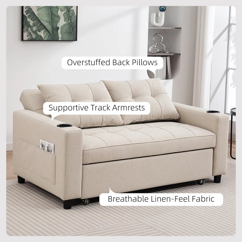 Beige Two-Seater Pull-Out Sofa Bed for Small Spaces