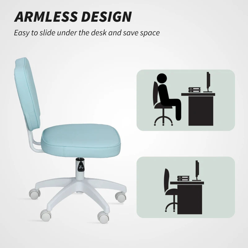 Vinsetto Blue PU Leather Vanity Office Chair - Adjustable Height, Armless Design, Swivel Wheels for Home & Office