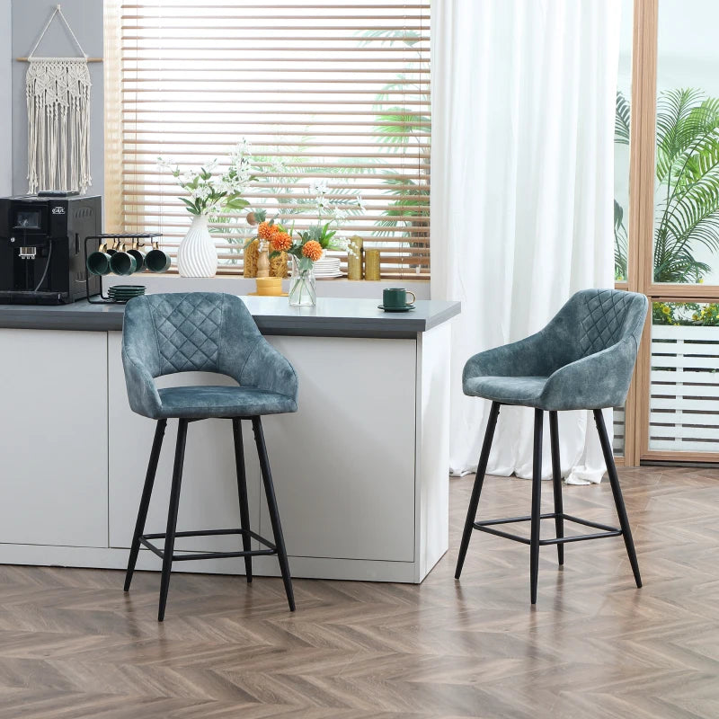 Set of 2 Velvet Bar Stools - Counter Height Kitchen Chairs with Steel Legs - Blue Fabric Dining Area Barstools