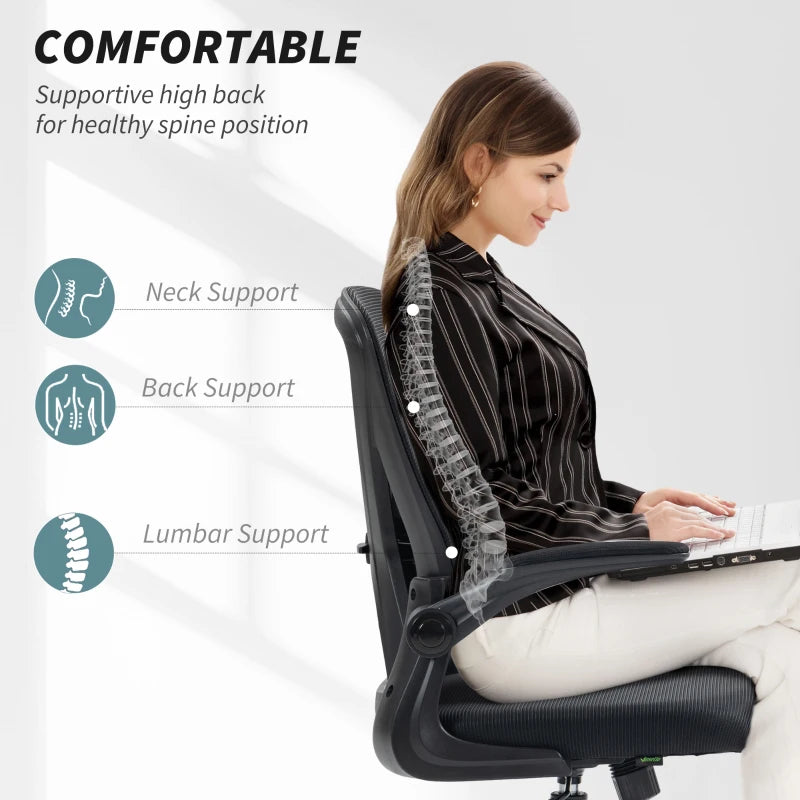Vinsetto Ergonomic Mesh Back Office Chair with Flip-Up Arms - Adjustable Height, Comfortable Black Desk Chair for Home & Office