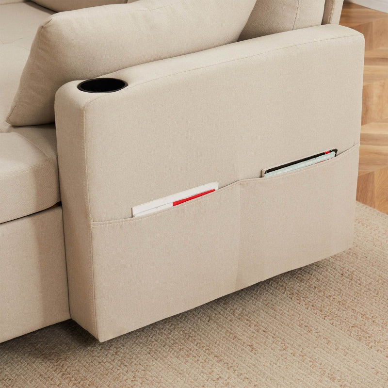 Linen Look L-Shaped Corner Sofa Bed with Storage, 3-Seater Convertible Settee with Cup Holders, Beige