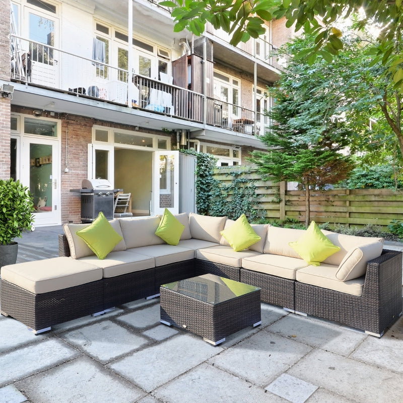 Mixed Brown 8-Piece PE Rattan Corner Sofa Set with Luxe Cushions and Glass Top Table