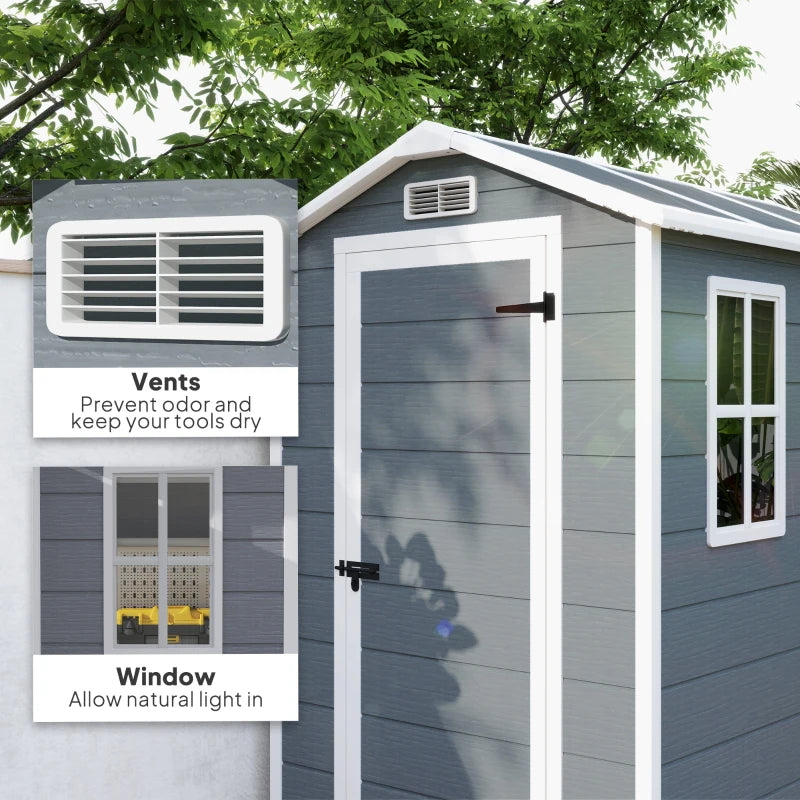 4 x 6ft Grey Plastic Garden Shed - Lockable Tool Storage with Floor, Window & Vents, Zero Maintenance Resin Outdoor Shed