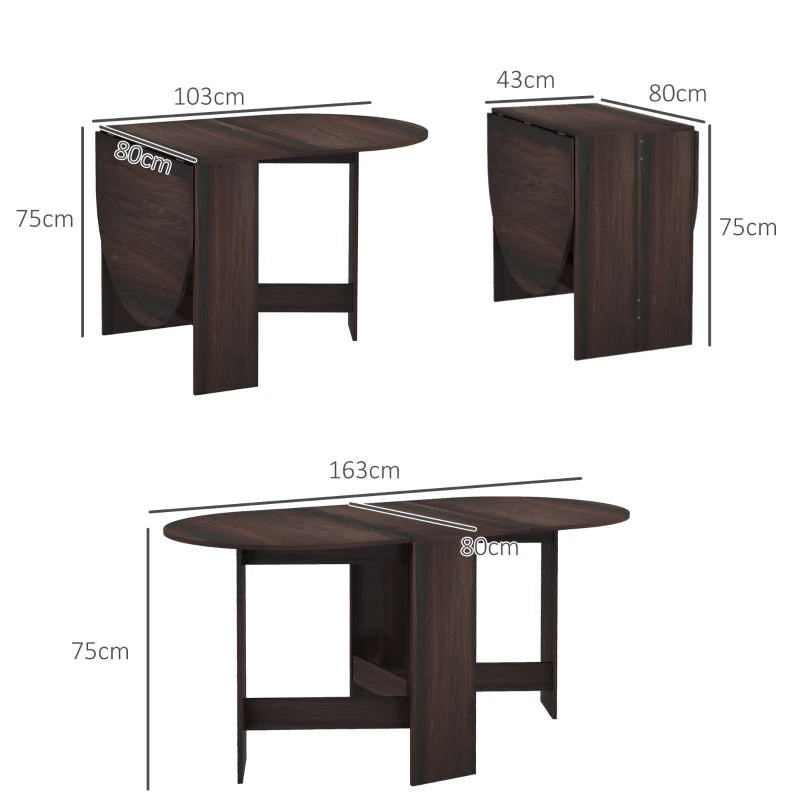 Folding Drop Leaf Dining Table for Small Spaces - Oval Chocolate Wood Effect Tabletop for Dining Room