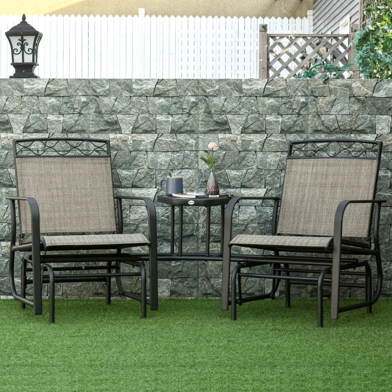 Brown Double Patio Glider Chair with Table - Outdoor 2 Seater Rocking Bench