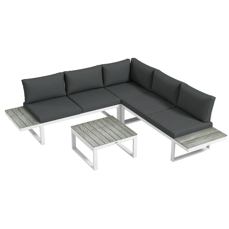 White Framed Metal Corner Sofa Set With Cushions & Woodgrain Table