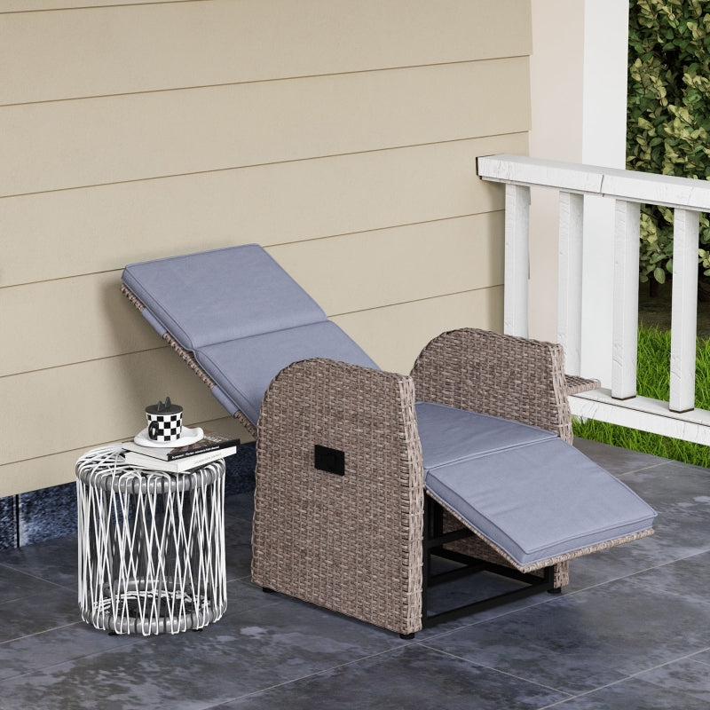 Reclining Rattan Garden Armchair with Footrest - Brown/Grey