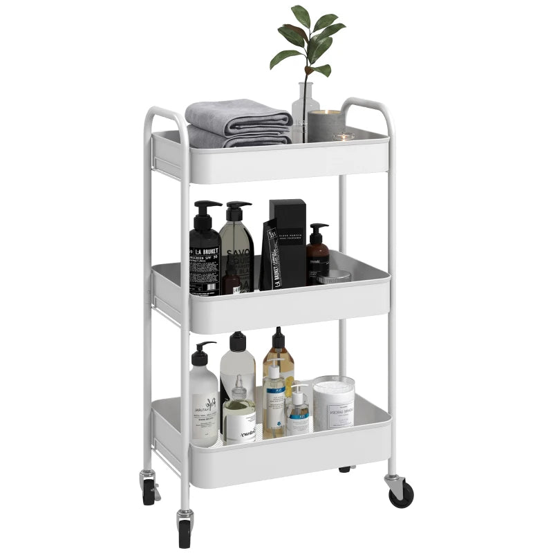 Three-Tier White Steel Storage Trolley - Versatile Rolling Cart for Kitchen, Office, and Home Organization