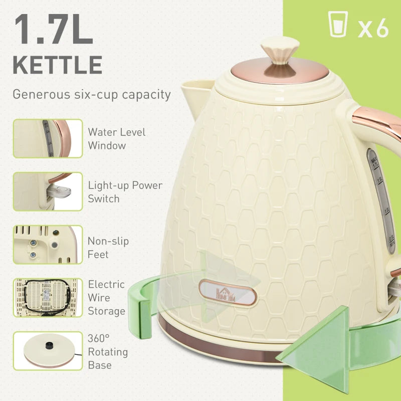 Beige Kettle and Toaster Set - 1.7L Fast Boil Jug Kettle & 4 Slice Toaster with 7 Browning Levels