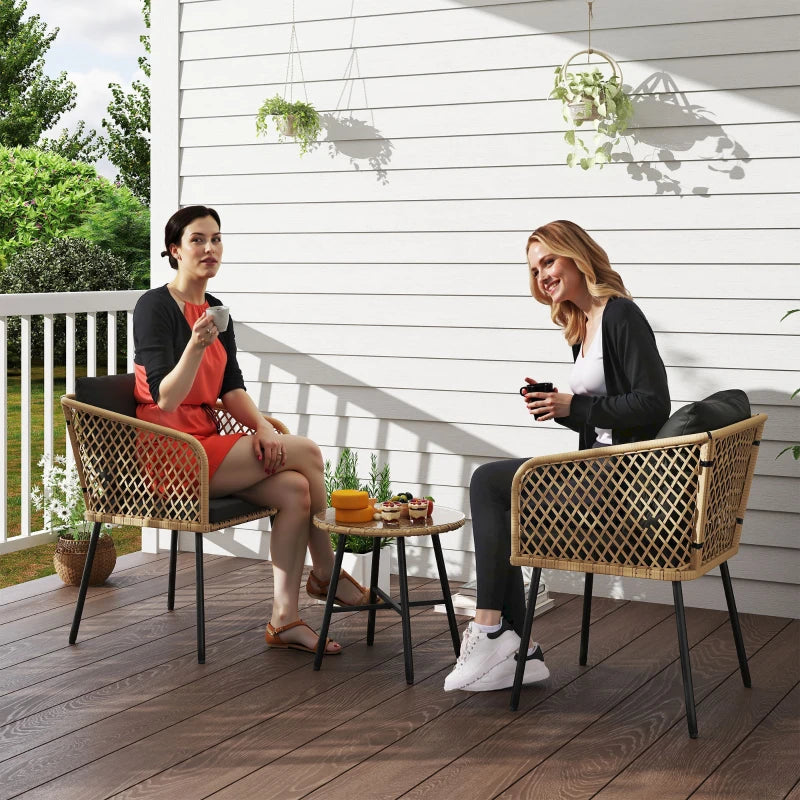 3 Piece Rattan Bistro Set with 2 Chairs, Glass Table, Cushions, Adjustable Feet, Wood Finish