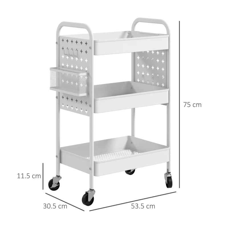 3-Tier Rolling Storage Trolley with Mesh Baskets, Hanging Boxes & Hooks - Versatile Utility Cart for Kitchen & Living Room - White