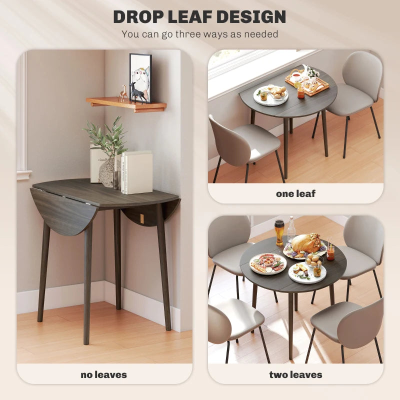 Modern Round Folding Dining Table for 4 - Space-Saving Drop Leaf Kitchen Table with Wood Legs in Grey