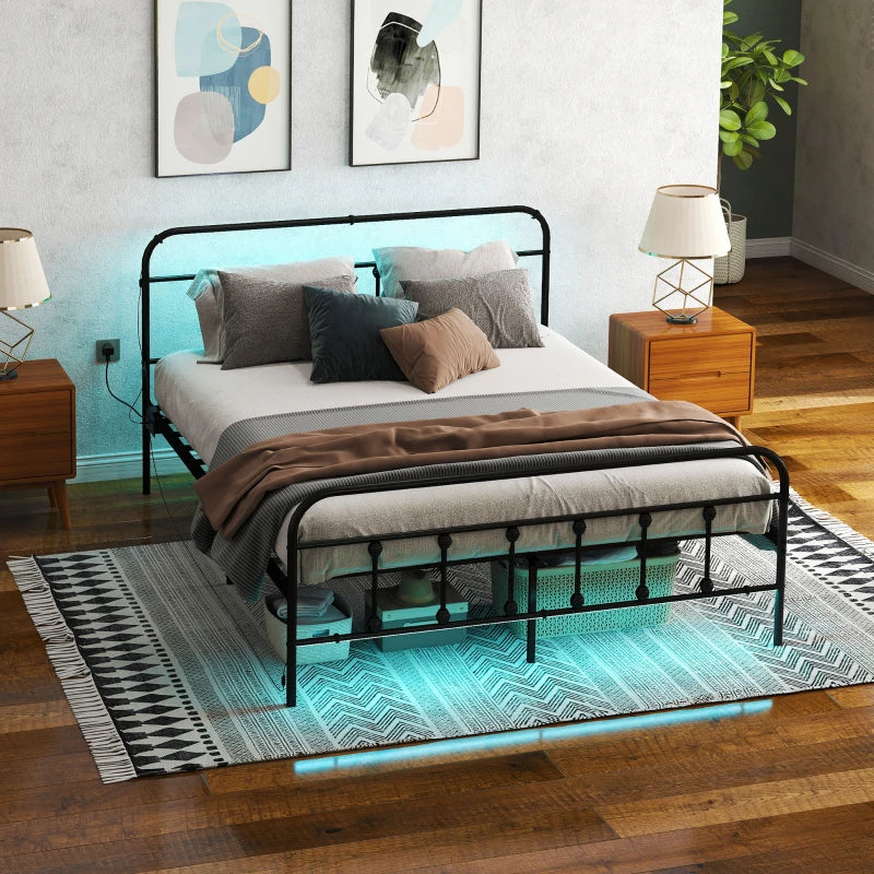 Modern Black Double Bed Frame with LED Lights & Charging Station, Metal Platform Design with Under Bed Storage