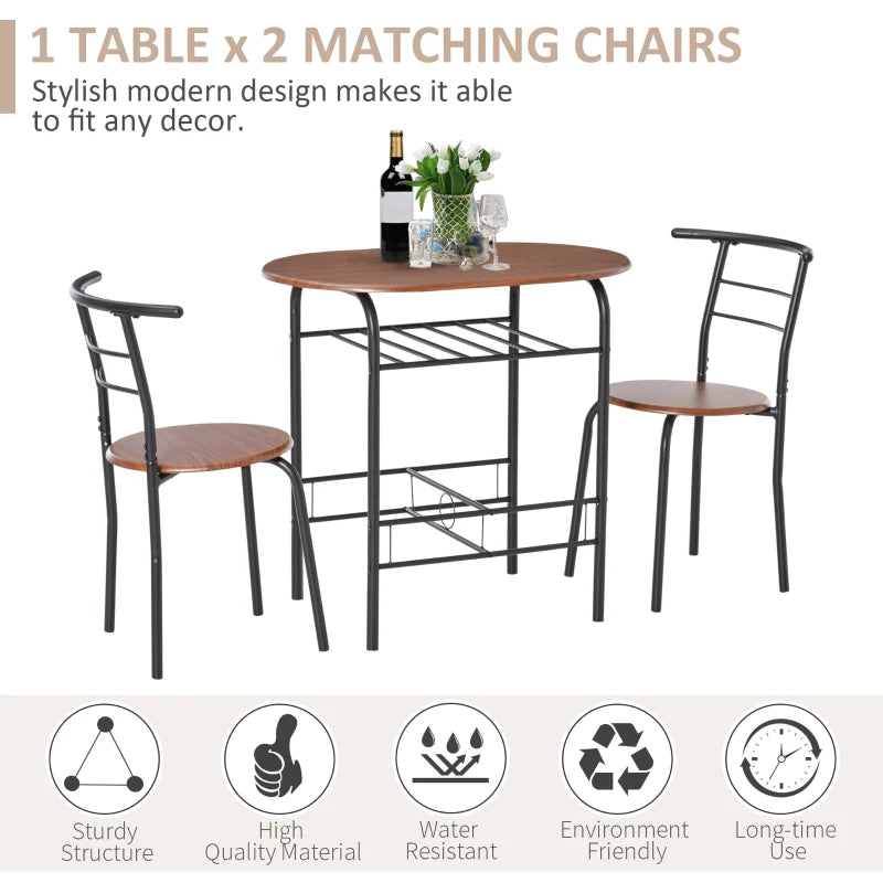 3 Piece Metal Frame Wood Top Dining Table Set with Storage Shelf and 2 Chairs for Breakfast Bar or Dining Room