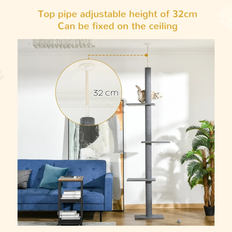 260cm Indoor Cat Tree with 3 Platforms - Grey Floor to Ceiling Activity Centre for Cats