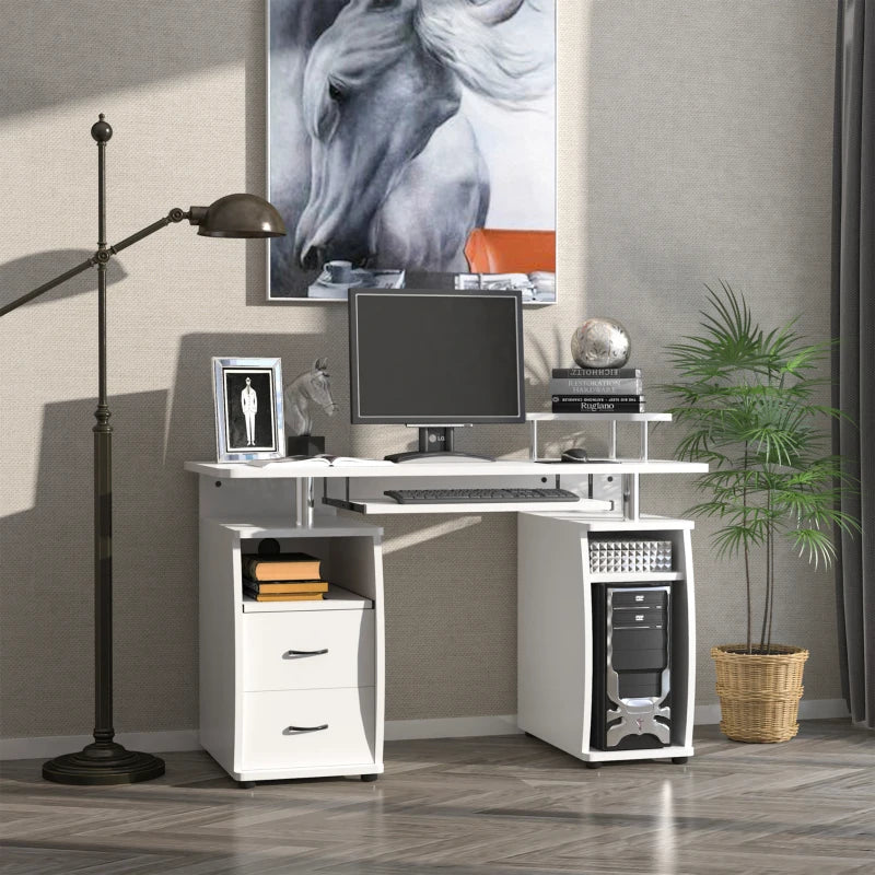 Modern White Computer Desk with Keyboard Tray, CPU Shelf, Drawers & Sliding Scanner Shelf - Ideal Office Workstation