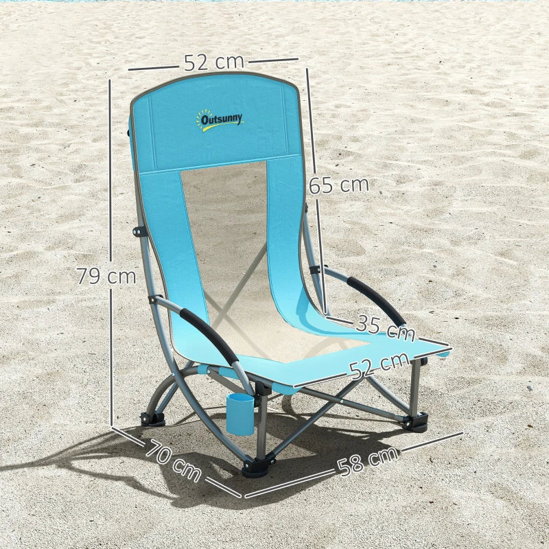 Set of 2 Low Folding Beach Chairs with Mesh Back Carry Bag and Cup Holder for Outdoor Camping Garden Picnic Travel Blue