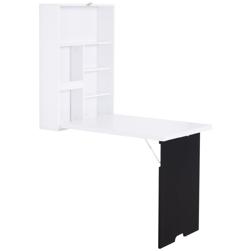 Folding Wall-Mounted Drop-Leaf Table with Chalkboard & Storage Shelf - Multifunctional Floating Desk for Home Office - White