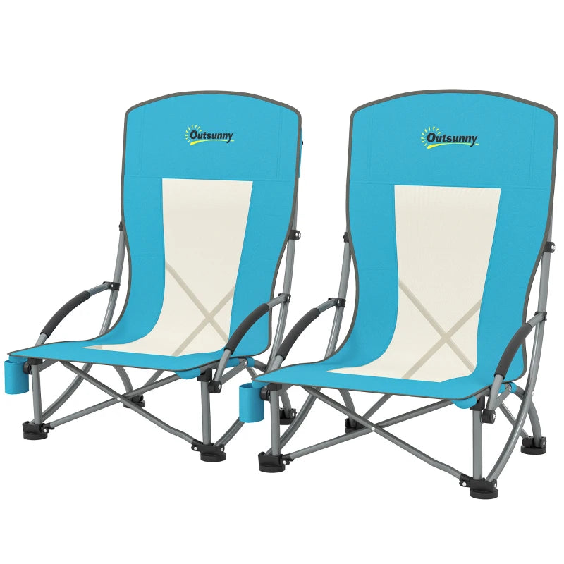 Set of 2 Low Folding Beach Chairs with Mesh Back Carry Bag and Cup Holder for Outdoor Camping Garden Picnic Travel Blue