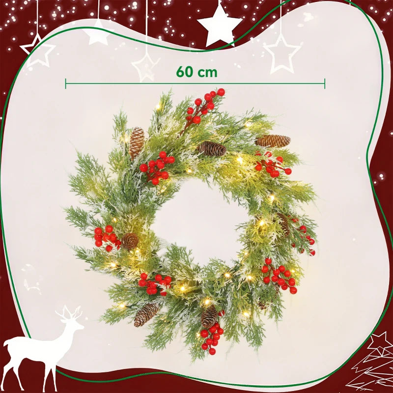 60 cm Prelit Christmas Wreath - Realistic Branches, 30 Warm White LEDs, Timer, Battery Operated Door Decor