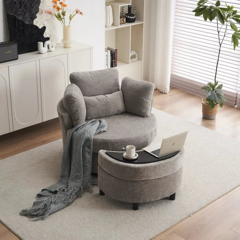 Stylish Grey Chenille Swivel Armchair with 3 Back Cushions and Crescent Ottoman Stool, 360° Rotation, 107L x 105W x 82H cm