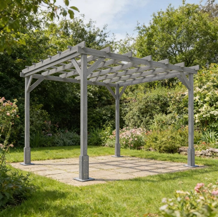 3m x 3m Wooden Pergola Kit Grey Garden Gazebo Shelter, Solid Fir Wood Outdoor Pergola with Stable Posts, Decorative Patio Arbour for Climbing Plants, Vines, Decking, Lawn & Garden Shade
