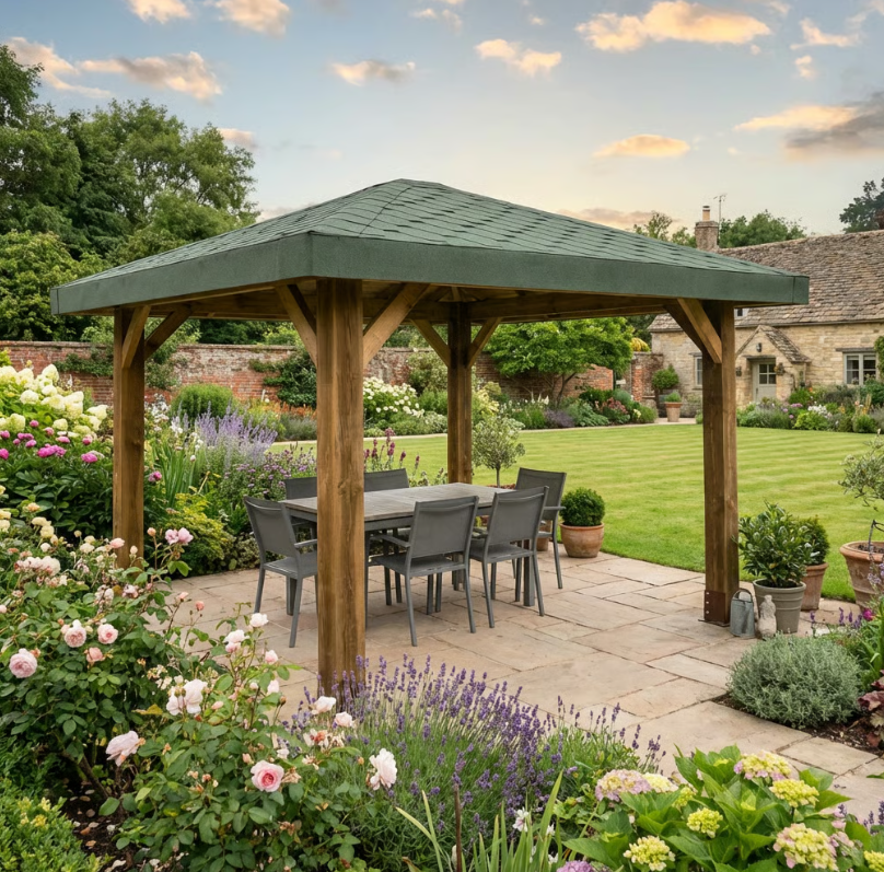 Ruby Wooden 4 Pitch Gazebo with Katepal Green Shingle Roof - Premium Weatherproof Garden Gazebo