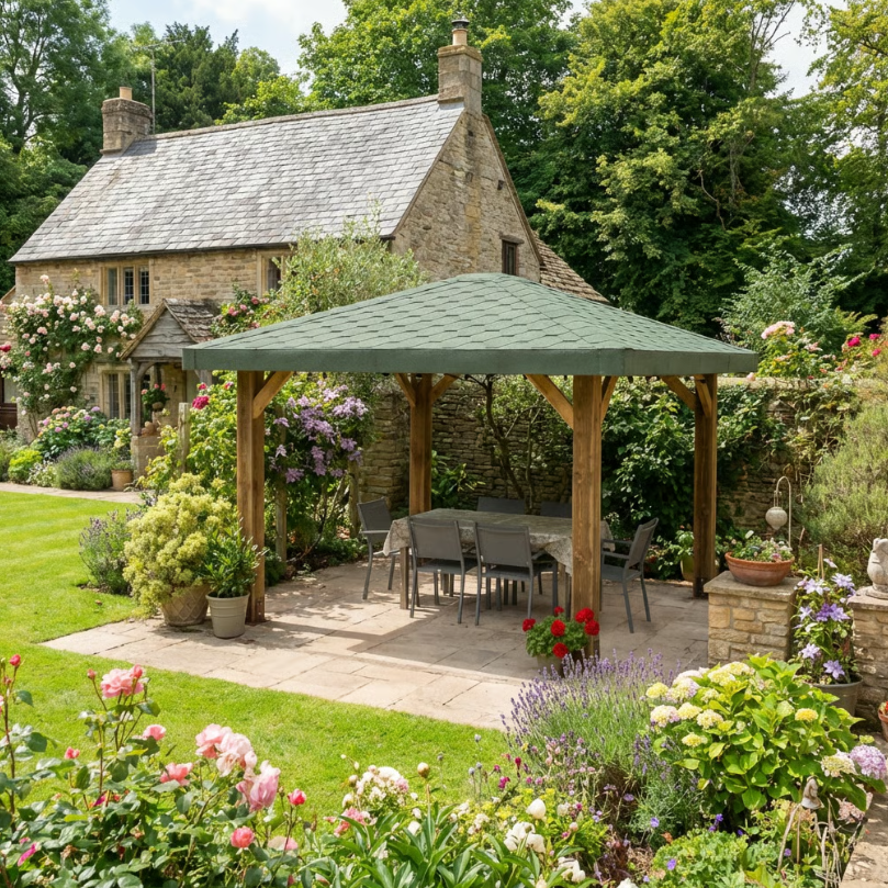 Ruby Wooden 4 Pitch Gazebo with Katepal Green Shingle Roof - Premium Weatherproof Garden Gazebo