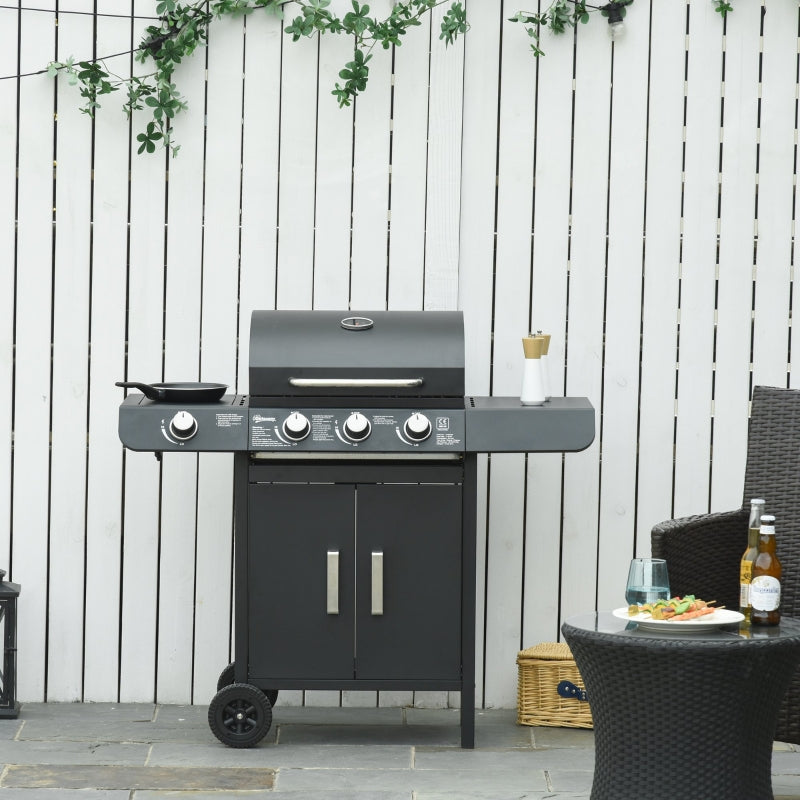 3-Burner Gas BBQ Grill with Side Burner and Storage Cabinet - Black