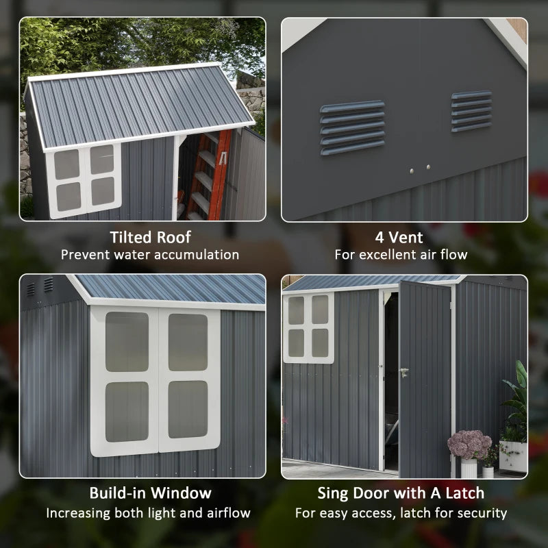 7x6ft Dark Grey Galvanised Garden Shed with Latch - Durable Outdoor Storage Solution