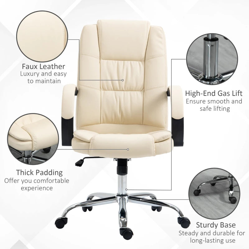 Vinsetto Beige PU Leather Office Chair - Adjustable Height, Soft Padded Seat & Backrest, Swivel Rolling Desk Chair