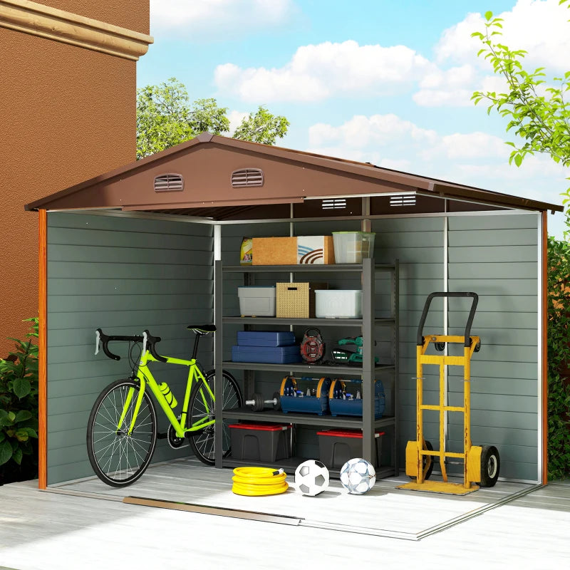 Brown 9ft x 6ft Metal Garden Shed - Garden Tool Storage Space with Vents, Sliding Doors & Sloped Roof