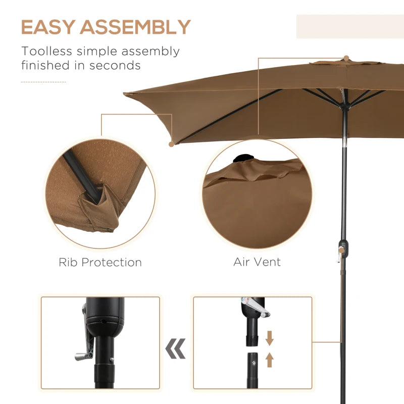 Brown Rectangular Garden Parasol Umbrella with Tilt and Crank