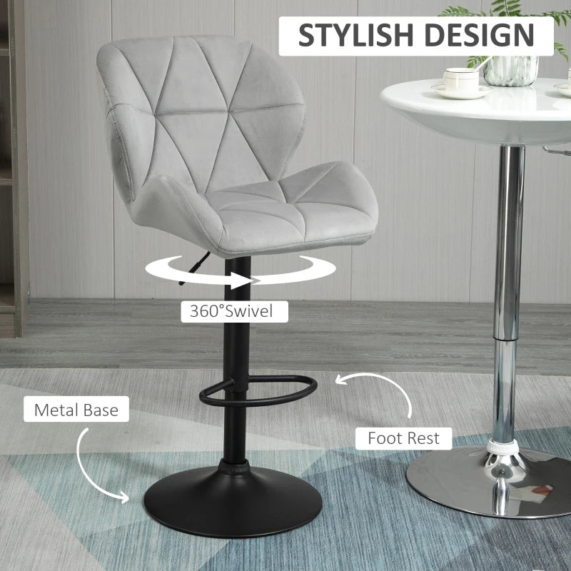 Adjustable Bar Stools Set of 2 - Armless Upholstered Swivel Counter Chairs with Back & Footrest in Light Grey