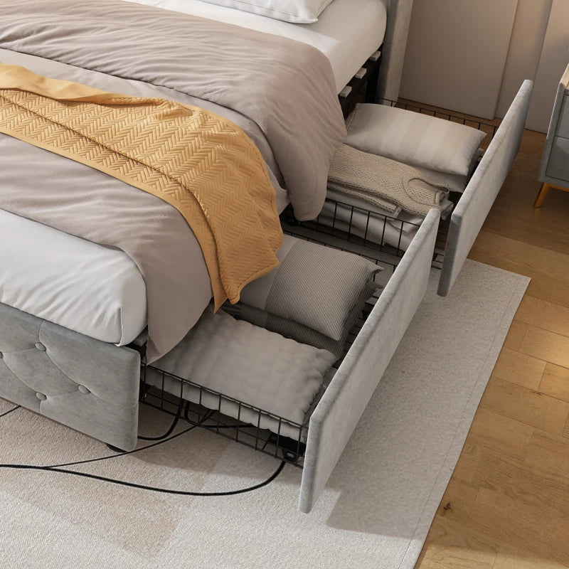 3FT Single Velvet Storage Bed with 4 Drawers, USB Ports & Table Lamp - Durable Gray Upholstered Design, 206.5L x 96.5W cm