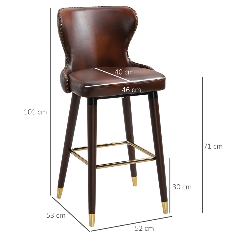 Set of 2 Brown PU Leather Bar Stools with Back and Footrest, Stylish Wood Legs for Kitchen and Breakfast Bar