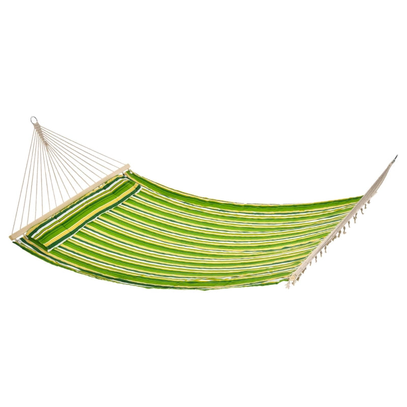 Green Striped Double Cotton Hammock with Pillow - Outdoor Swing Bed 188L x 140W (cm)