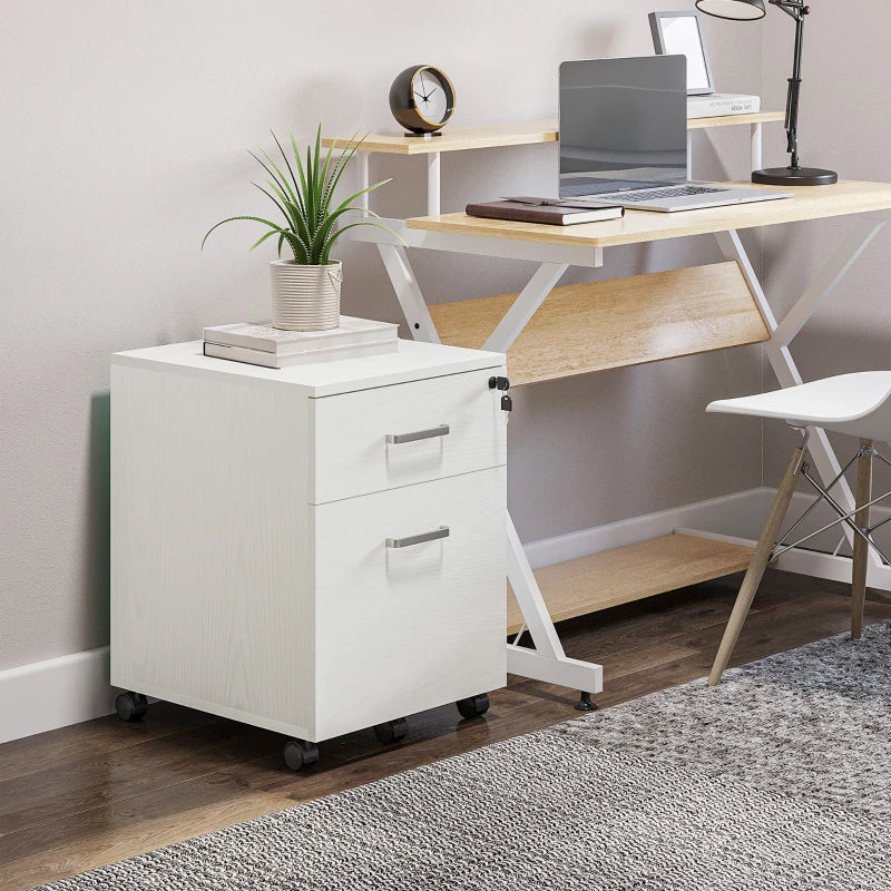 Vinsetto 2-Drawer Locking Office Filing Cabinet with Wheels - A4 Storage Cupboard for Home Organization - White Wood Grain