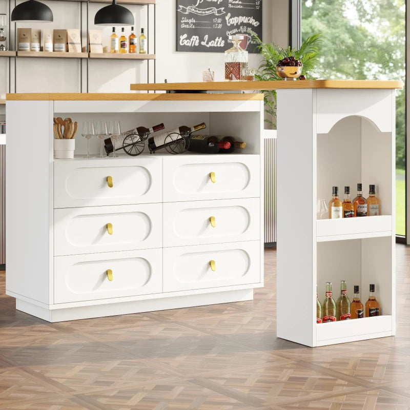 360° Rotating Bar Table with Side Table & Spice Rack - Extendable Kitchen Island with 6 Drawers, White, 137x39x90 cm