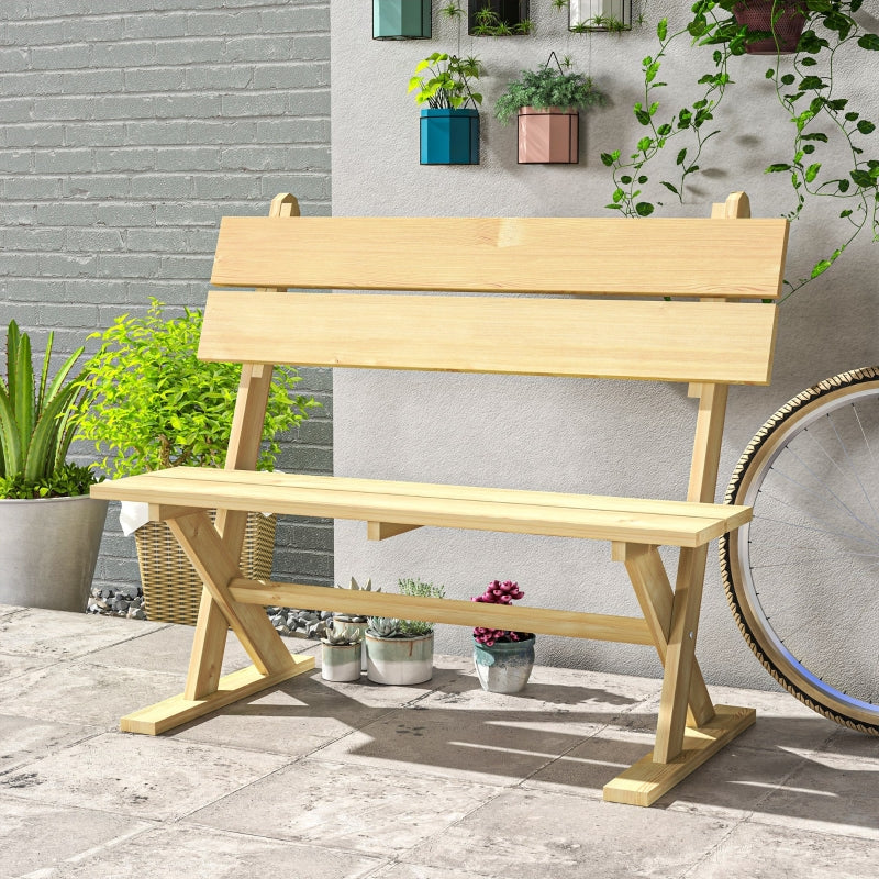 2 Seater Wooden Garden Bench - Natural Fir Wood Outdoor Loveseat with Slatted Seat, Sloping Back, and Wide Feet for Patio and Park