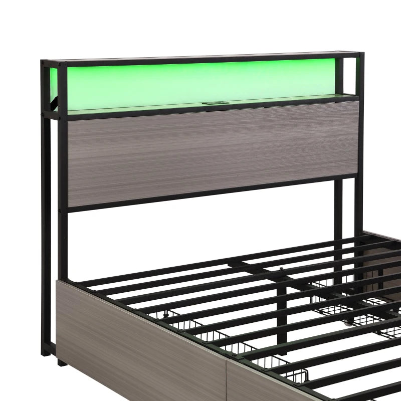 Metal Double Bed with LED Light Strip, 4 Drawers & 3 USB Ports - Stylish Gray Bedroom Furniture, 207x135.5x105 cm