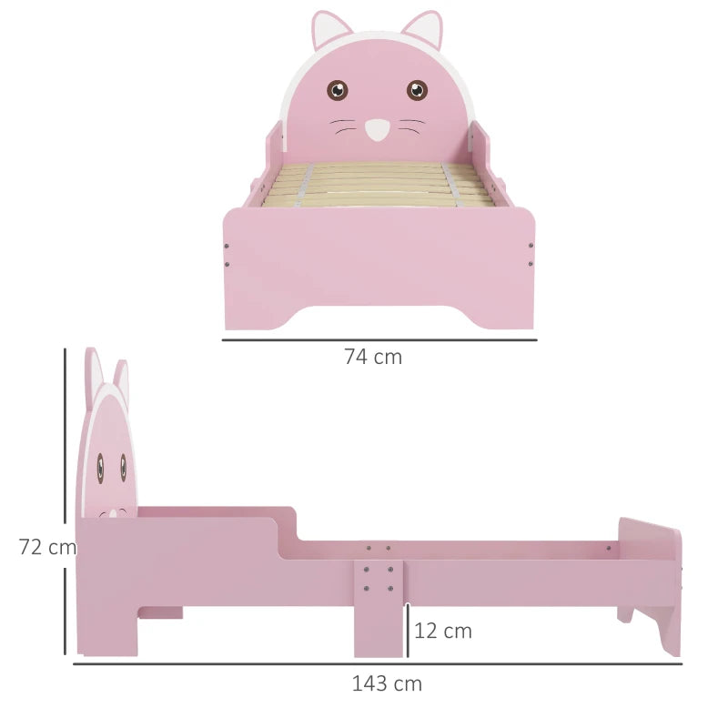 ZONEKIZ Kids Cat Design Toddler Bed Frame with Guardrails - Pink Bedroom Furniture for Ages 3-6, 143x74x72cm